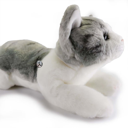 Katze Kuscheltier grau-weiß Plüschtier Plüschkatze liegend MIZI