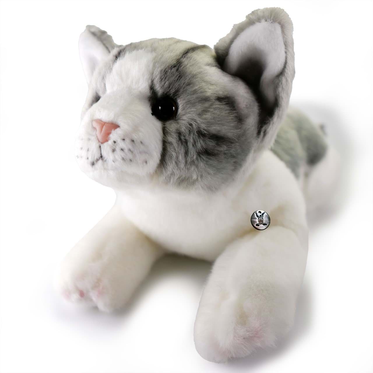 Katze Kuscheltier grau-weiß Plüschtier Plüschkatze liegend MIZI