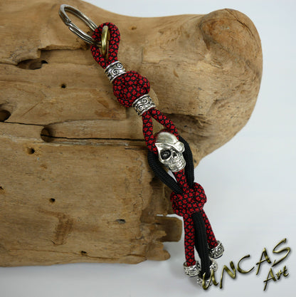 Paracord Schlüsselanhänger Skull Pirat Messer Zieher Anhänger * diamond rot - schwarz